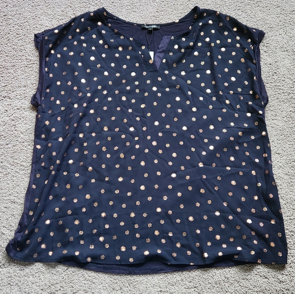 NWT Papermoon Navy Sleeveless Top With Rose Gold Metallic Polka Dots, Size 1X